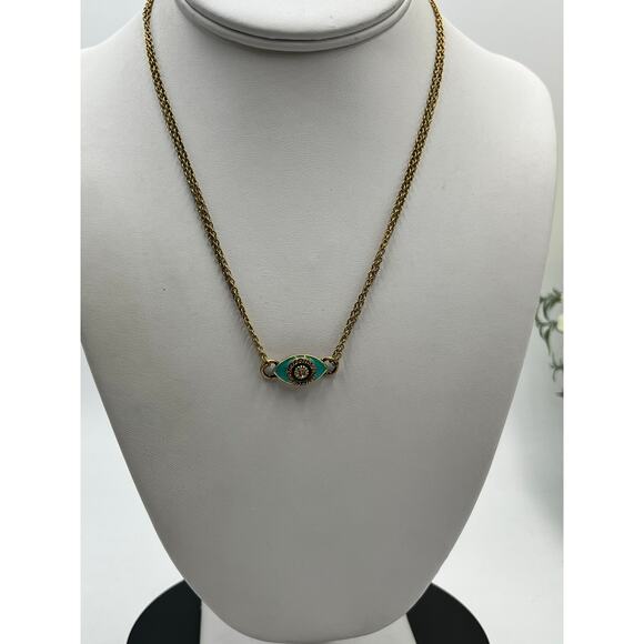 Michal Golan Turquoise and Black Evil Eye Necklace on Double Chain Rhinestone - Picture 2 of 15